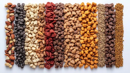A colorful assortment of various snacks and nuts arranged neatly on a white surface