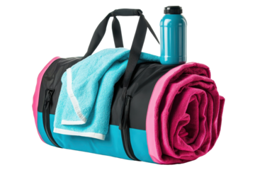 A vibrant gym bag lays rolled with a towel and a water bottle perched atop, showcasing its stylish design and functional elements.