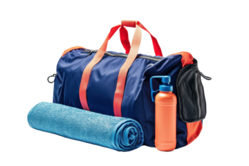 A sports bag with vibrant handles, accompanied by a rolled towel and a water bottle.