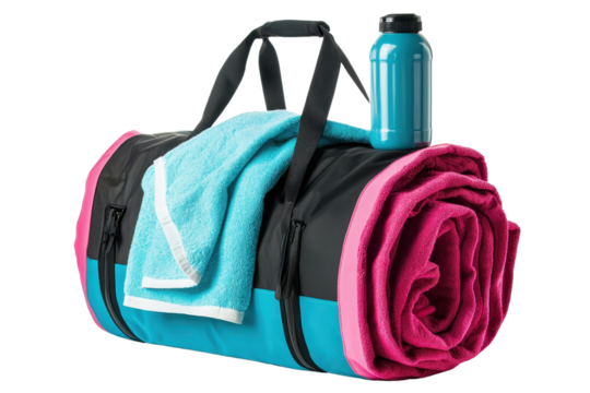 A vibrant gym bag lays rolled with a towel and a water bottle perched atop, showcasing its stylish design and functional elements.