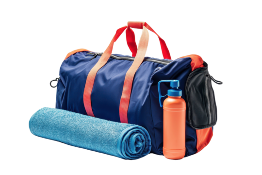 A sports bag with vibrant handles, accompanied by a rolled towel and a water bottle.