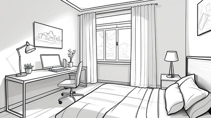 Stylish home zoning with workspace and cozy bed in a minimalist design.