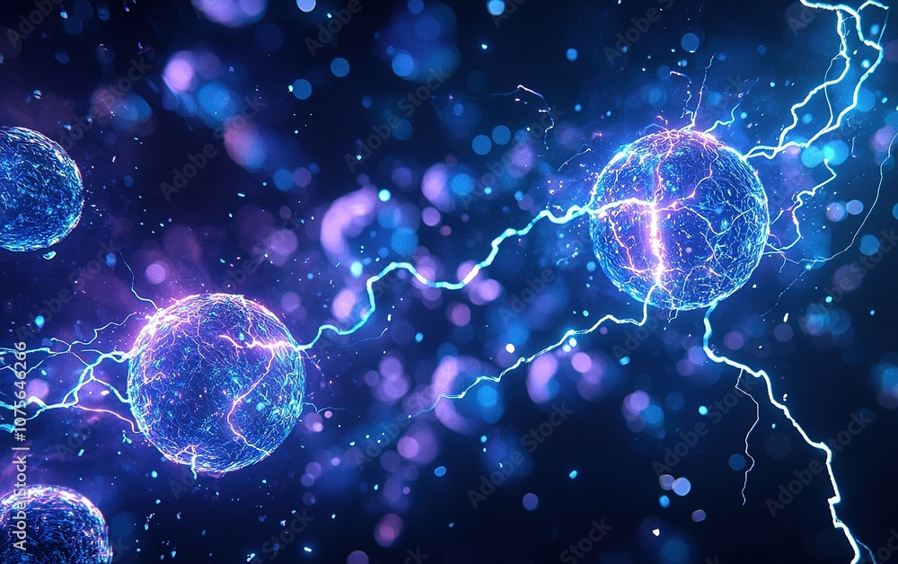 Poster electric blue energy spheres connected by arcs with glowing particles, portraying dynamic scientific