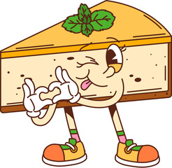 Groovy cheesecake character. Restaurant sweet food cheerful cartoon character, cafe pastry or holiday dessert comical isolated personage. Cheesecake piece cute groovy mascot shoving heart with hands © Buch&Bee