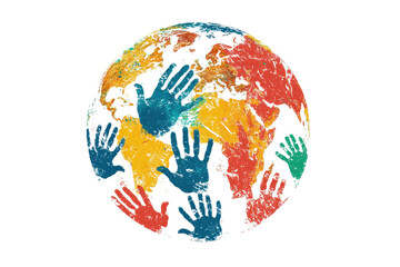 A colorful depiction of the Earth surrounded by handprints, symbolizing unity and global collaboration.