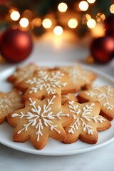 Plate of gingerbread cookies with icing in festive setting