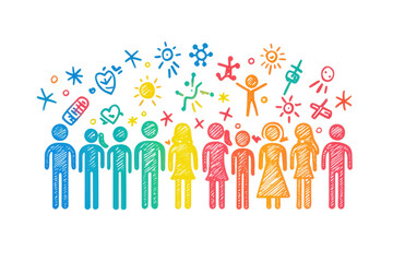A colorful illustration of diverse stick figures representing community, connection, and collaboration.