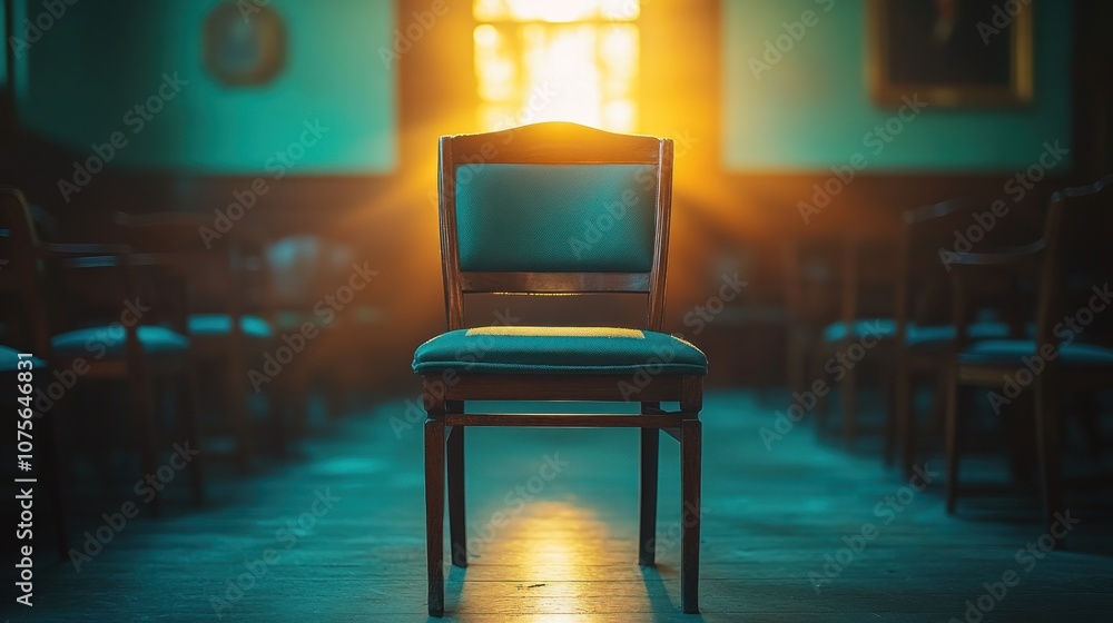 Poster single chair in an empty room with soft light.