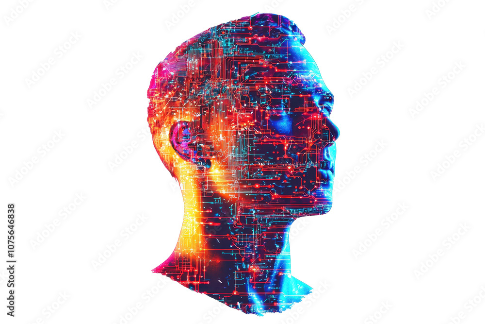 Poster a vibrant, abstract profile of a head showcasing a mix of colorful digital patterns and data streams