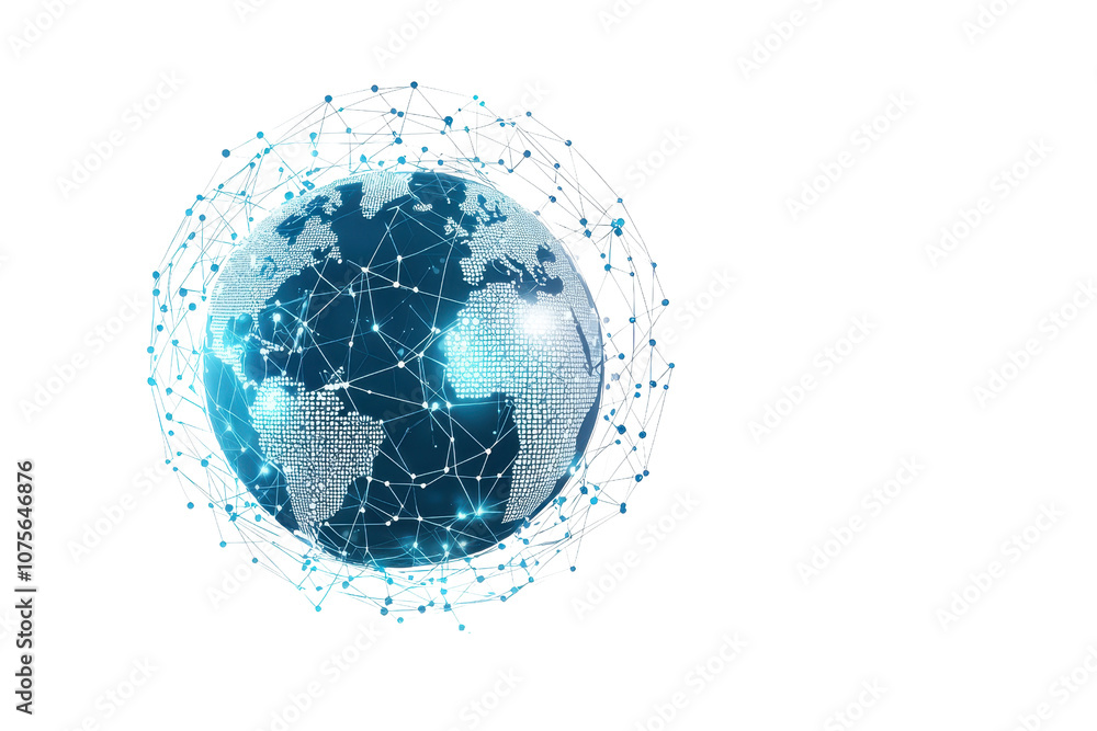 Poster a digital representation of earth connected by a network of nodes and lines, illustrating global con