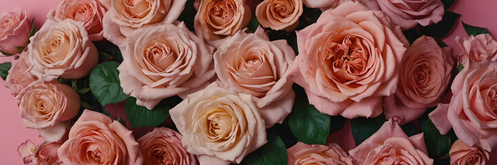 Colorful Roses Pattern on Pink Background. A vibrant flat lay of pink, peach, and orange roses with green leaves arranged on a bright pink background, creating a cheerful floral pattern. Banner
