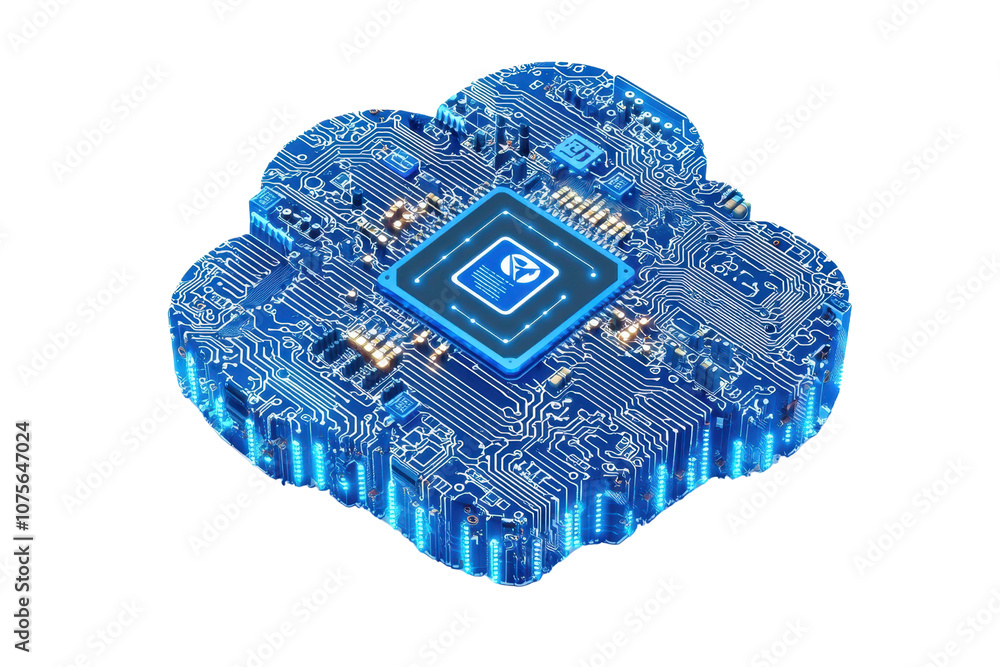 Poster a high-tech, blue circuit board resembling a cloud shaped design with a central processing unit and 