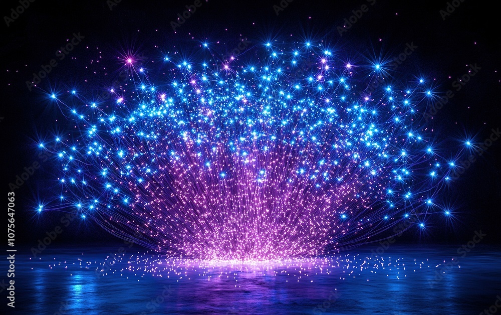Poster colorful sparkles burst in the night sky over a shimmering water surface, creating a mesmerizing dis