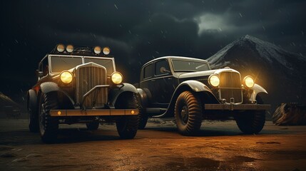 Vintage cars parked at night with headlights on, under a stormy sky with mountains in the background