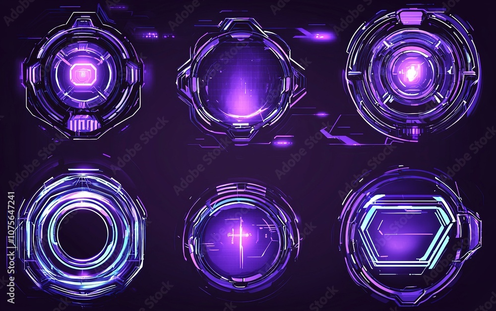 Poster futuristic digital interface design featuring six glowing purple circles with intricate patterns and