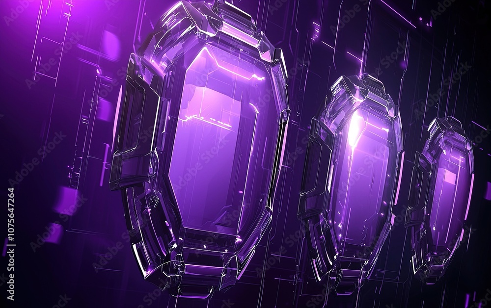 Poster a trio of luminous purple gems suspended in a dark, digital space with intricate patterns and glowin