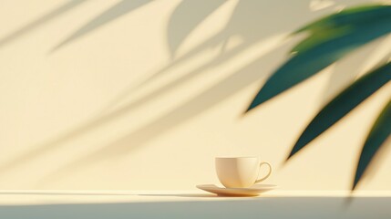  A cup of coffee resting atop a plate beside a verdant foliage arrangement on a table