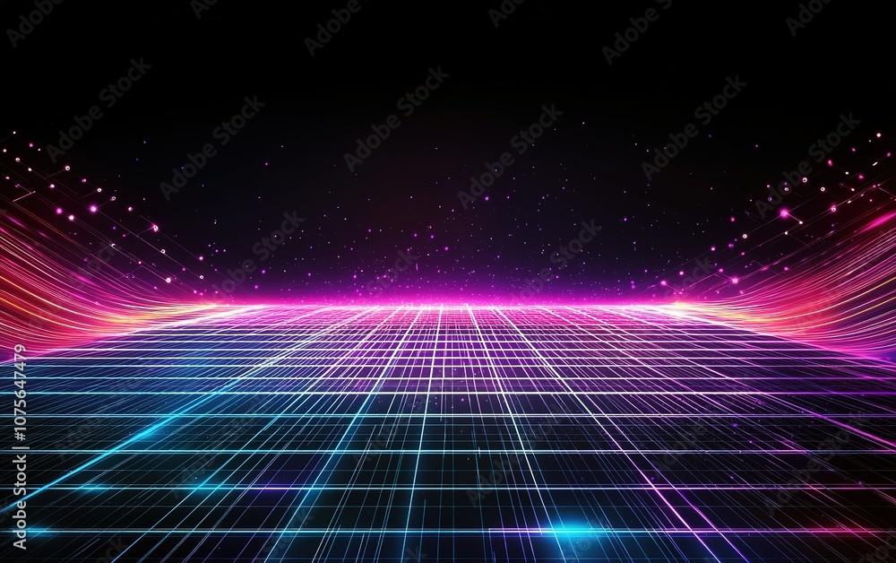 Poster abstract neon landscape with glowing grid lines and colorful light trails in a dark space environmen