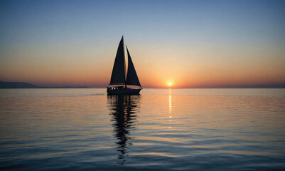A sailboat sails across the calm water as the sun sets over the horizon