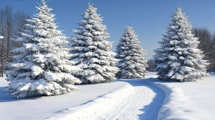 Naklejka premium Snow-covered pine trees and path on a sunny winter day.