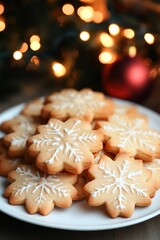 Snowflake cookies on a plate with warm holiday lights