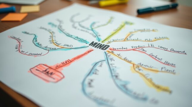 A close-up view of a colorful mind map drawn on a large sheet of paper, with various branches and keywords connected by lines.