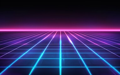 A vibrant neon grid stretches into the distance, showcasing a digital landscape with a dark sky and colorful horizon at twilight