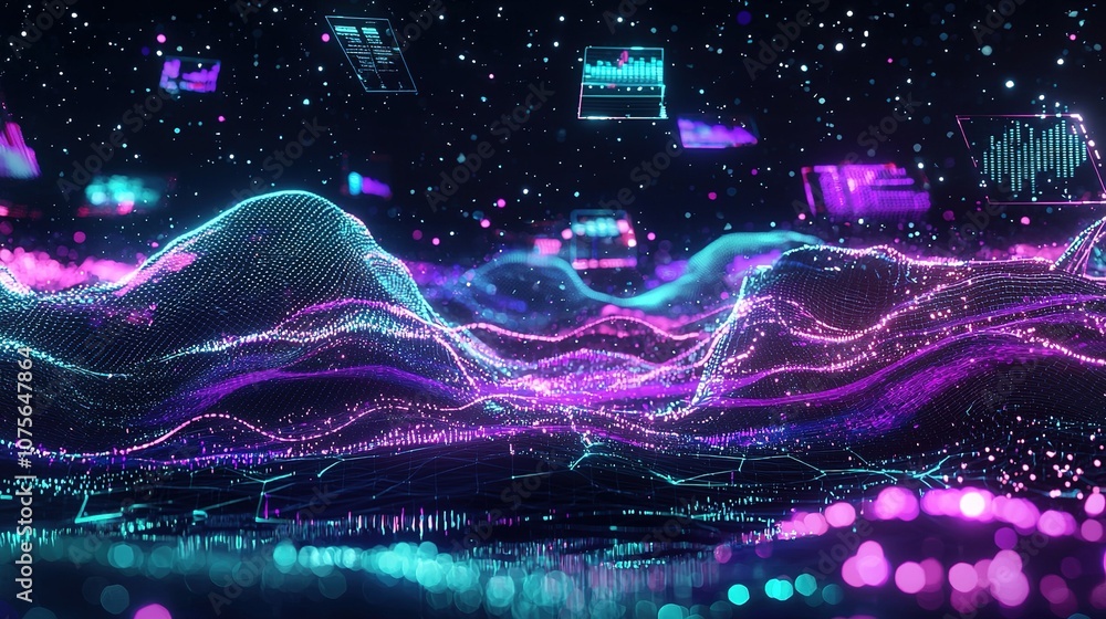 Poster a vibrant digital landscape showcasing colorful waves and data visualizations in a futuristic space 