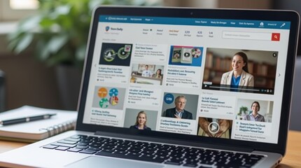 A close-up view of a laptop screen displaying a variety of online educational resources, such as e-books, articles, and videos, with a notebook and a pen beside it on a wooden desk.