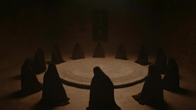 Secret society ritual in dark chamber with ancient symbols. Mysterious cult ceremony scene. Conspiracy theory concept. Dark atmospheric footage