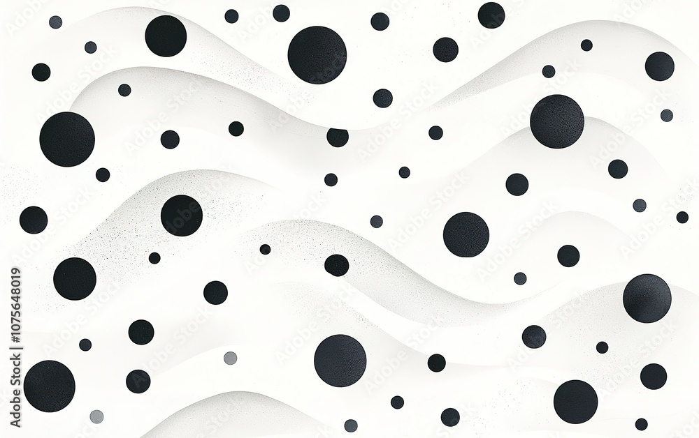 Poster abstract design featuring undulating white surface with scattered black and gray circles, creating a