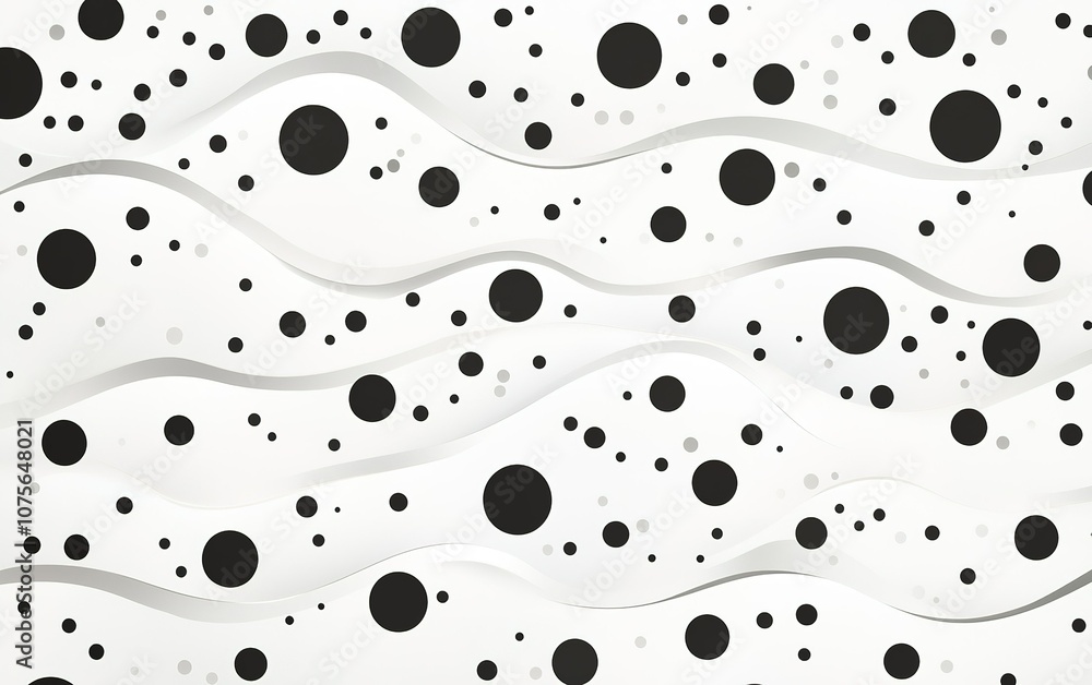 Poster abstract black and white pattern with wavy lines and various sizes of circles creating a visually in