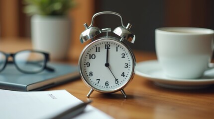 A close-up view of a timer set to 25 minutes, surrounded by a notebook and a cup of coffee on a...