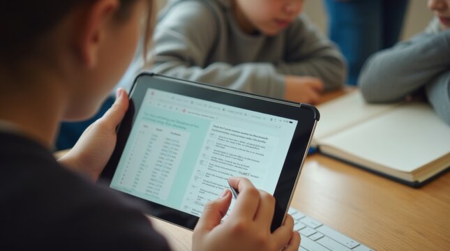 A close-up view of a student taking a self-test on a tablet, with a notebook and a pen beside them on a wooden desk.