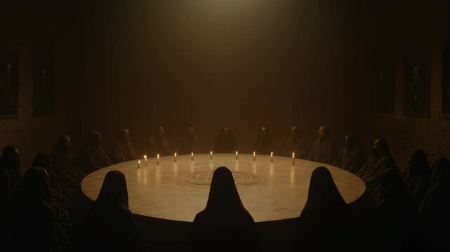 Secret society ritual around ancient table with mystical symbols. Dark chamber ceremony scene. Global elite concept. Conspiracy theory footage