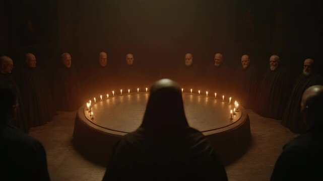 Ancient ritual table with mysterious symbols and burning candles. Secret society gathering scene. Global elite meeting concept. Dark chamber footage
