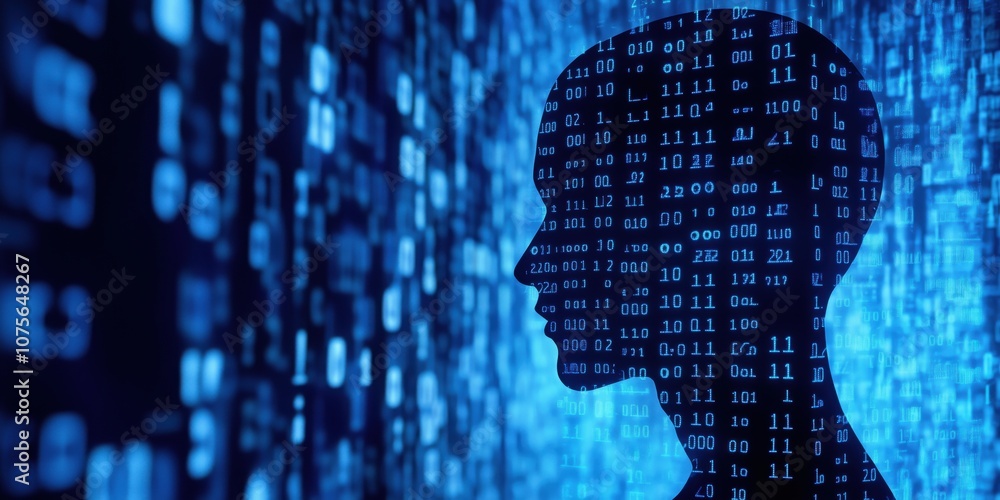 Poster digital silhouette with binary code background, representing technology and data