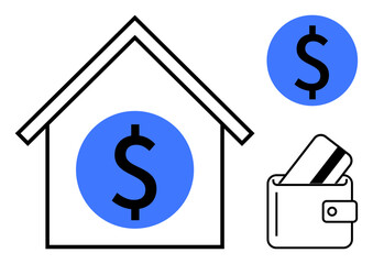 House with dollar sign represents mortgage or investment, wallet with credit card implies spending or budgeting. Ideal for finance, banking, real estate, investment, money management, savings