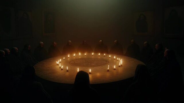 Secret ritual with burning candles around mystical symbol. Dark chamber ceremony scene. Occult gathering concept. Ancient order footage