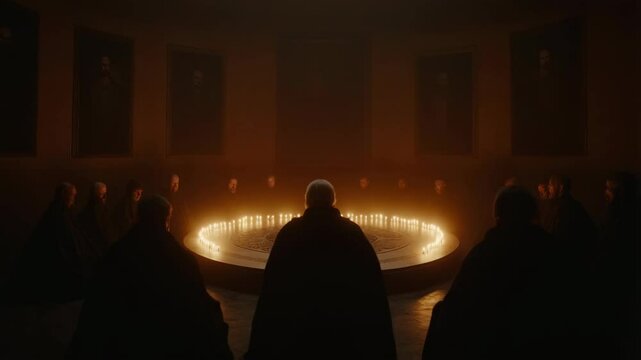 Hooded figures at round ritual table with burning candles. Secret society meeting scene. Global elite gathering concept. Dark ceremony footage