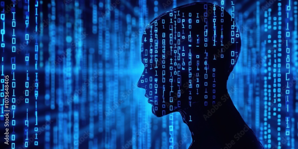 Poster digital silhouette with binary code background, representing technology and ai