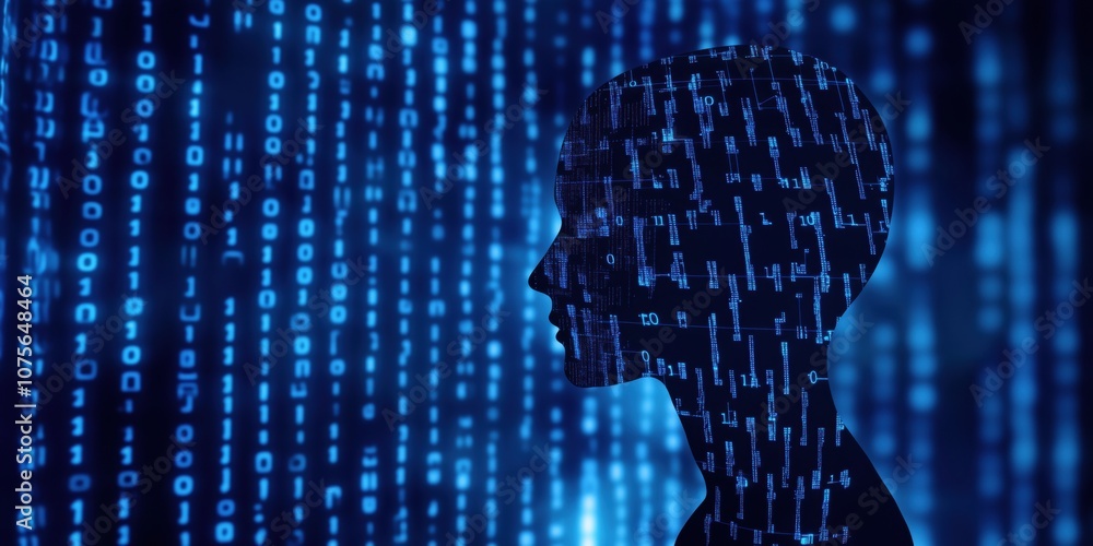 Poster digital silhouette with binary code background, representing technology and data