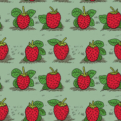 Seamless pattern of bright hand-drawn strawberries in naive style on a green background