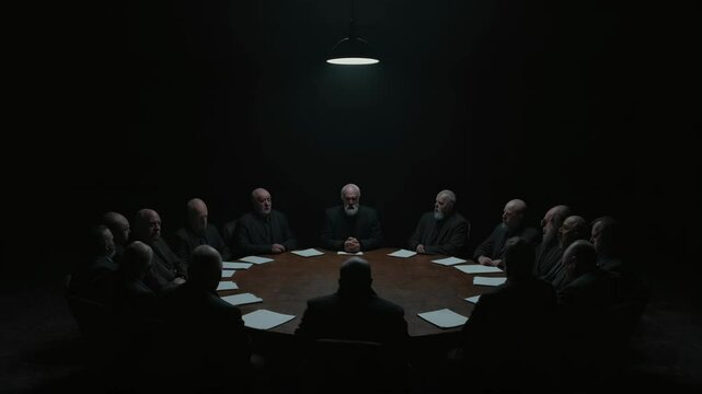 Secret council meeting in dark chamber with round table. Mysterious gathering scene. Secret society concept. Dramatic footage