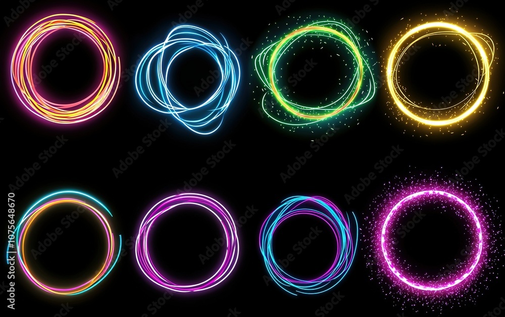Poster colorful light trails in circular shapes on a dark background showcasing creativity and design eleme