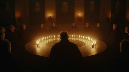 Ancient ritual with burning candles and mystical symbols. Secret order ceremony scene. Dark brotherhood concept. Gothic chamber footage