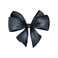 Watercolor black bow.  Shiny satin and ribbon. Realistic hand drawn illustration on transparent.