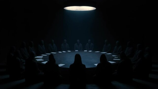 Secret council meeting in dark chamber with mysterious light. Global elite gathering scene. World order concept. Dramatic footage
