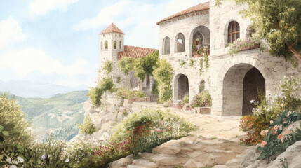 Charming cliffside village with stone buildings and lush garden views in sunlit landscape