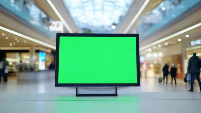 A large green screen display is positioned in a bustling shopping mall as shoppers pass by during the afternoon, promoting sales offers